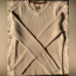 American Rag Ribbed V-Neck Sweater, off white/beige, (L)Large